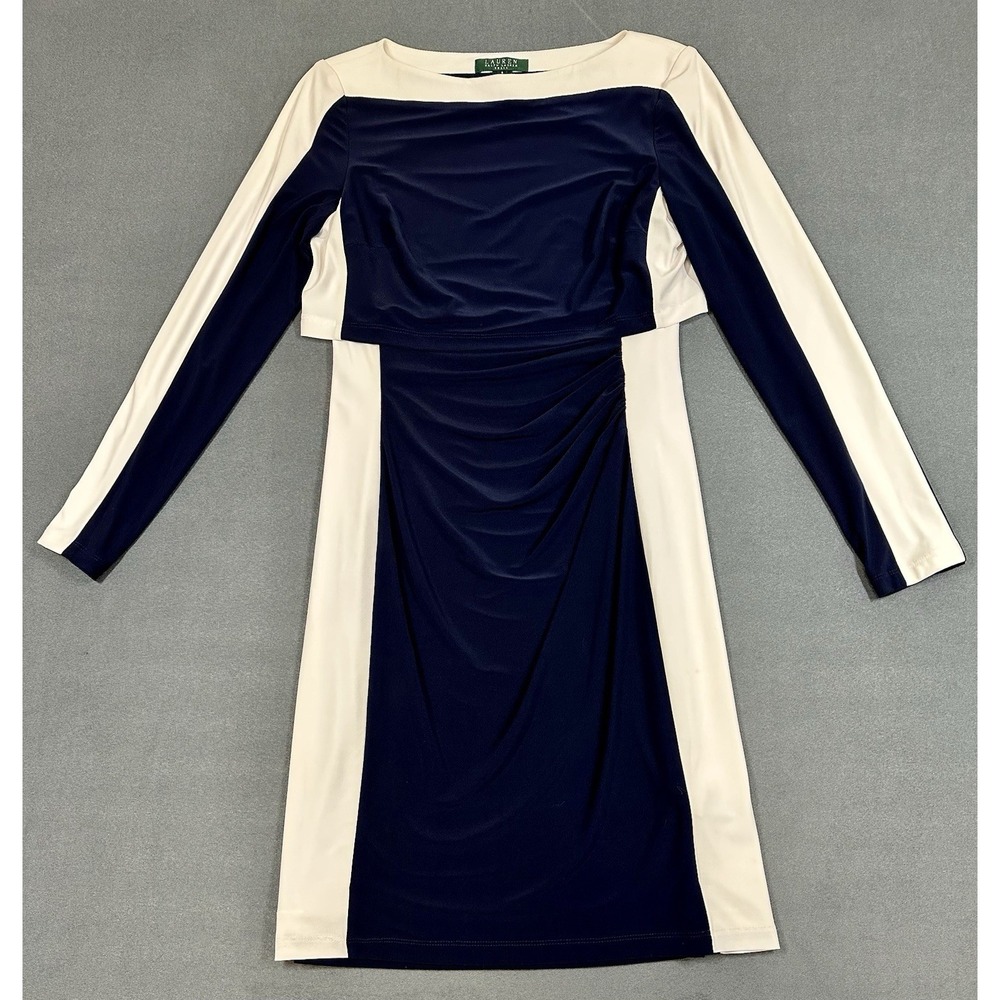 Lauren Ralph Lauren Sheath Dress Womens Size 8 Long Sleeve Navy Ivory